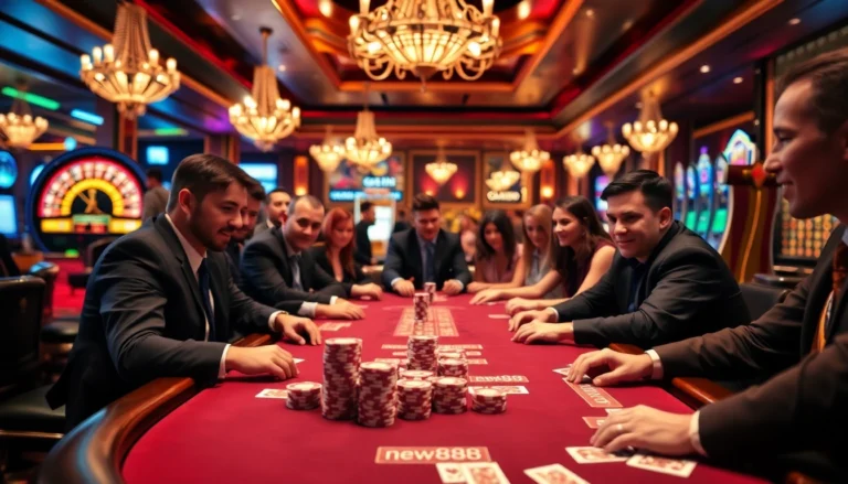Players engrossed at a new888 poker table, showcasing vibrant chips and cards in an upscale casino atmosphere.