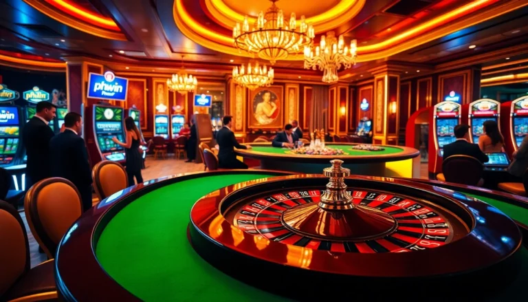 Experience the thrill of victory at PHWIN's lavish casino, featuring roulette, slot machines, and lively players.