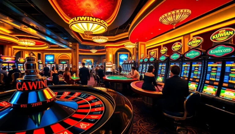 Kuwincom inspires players in a bustling casino, featuring vibrant slot machines and a thrilling poker table.