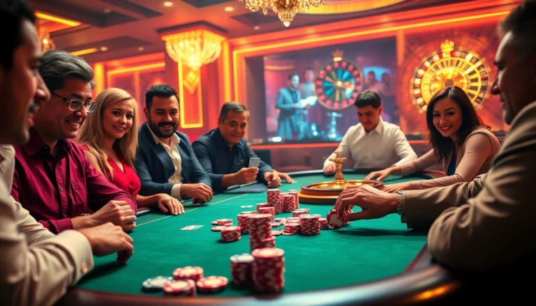 Experience the thrill of a poker game at c168.com with dynamic players and vibrant chips, capturing the casino's energy.