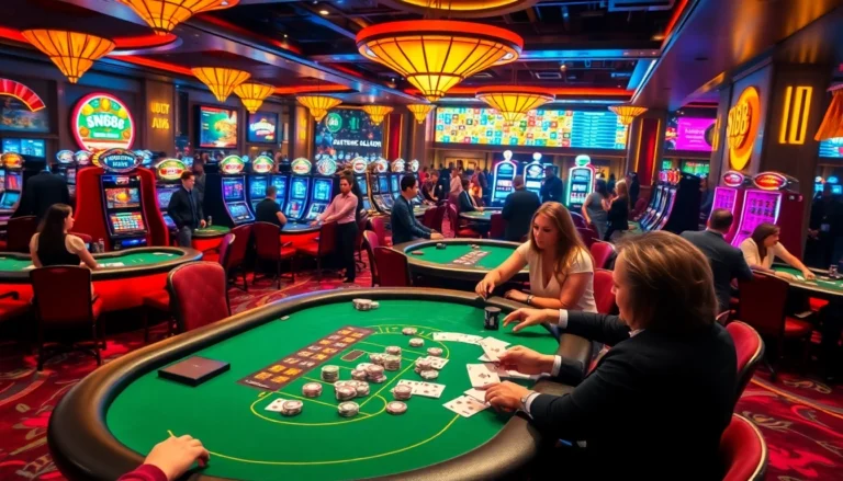 Action-packed casino scene featuring sn88-themed poker players at a table, vibrant colors, and excitement.