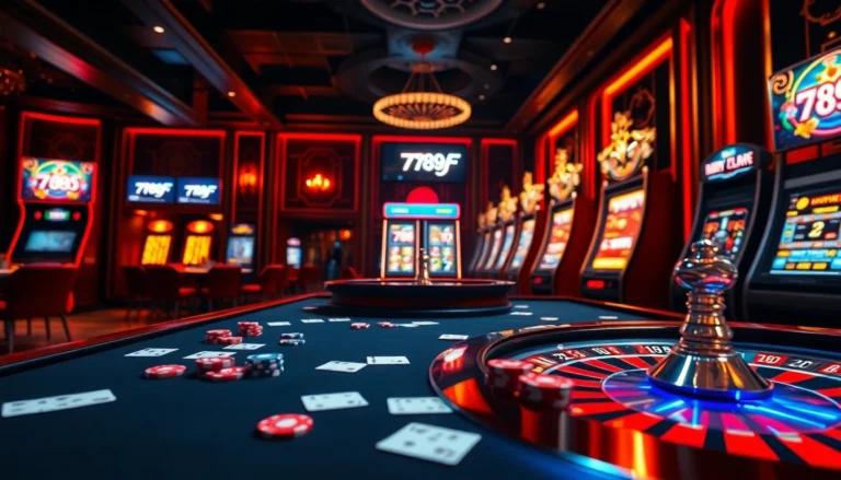 Experience the thrill of online gambling with 789f login amidst luxurious casino tables and vibrant slot machines.