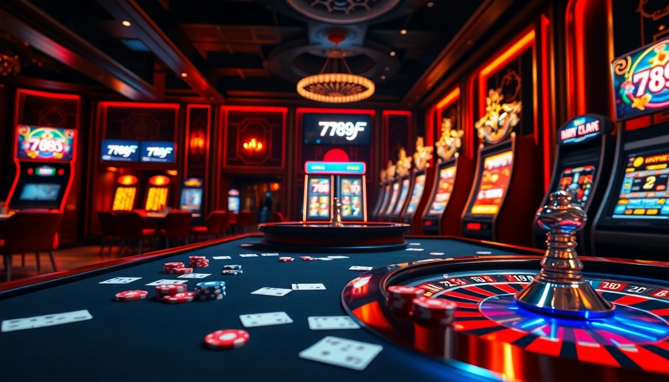 Experience the thrill of online gambling with 789f login amidst luxurious casino tables and vibrant slot machines.
