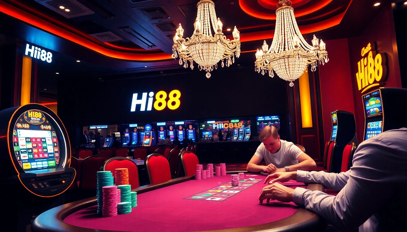 Experience the excitement of Hi88's vibrant casino environment with focused poker players and colorful chips.
